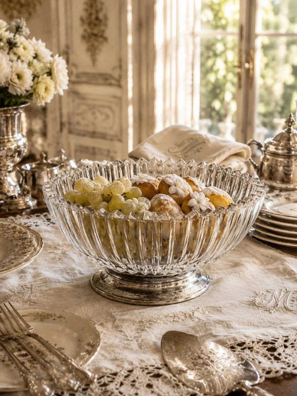 Vintage Silver Plated Footed Ribbed Glass Pedestal Serving Bowl